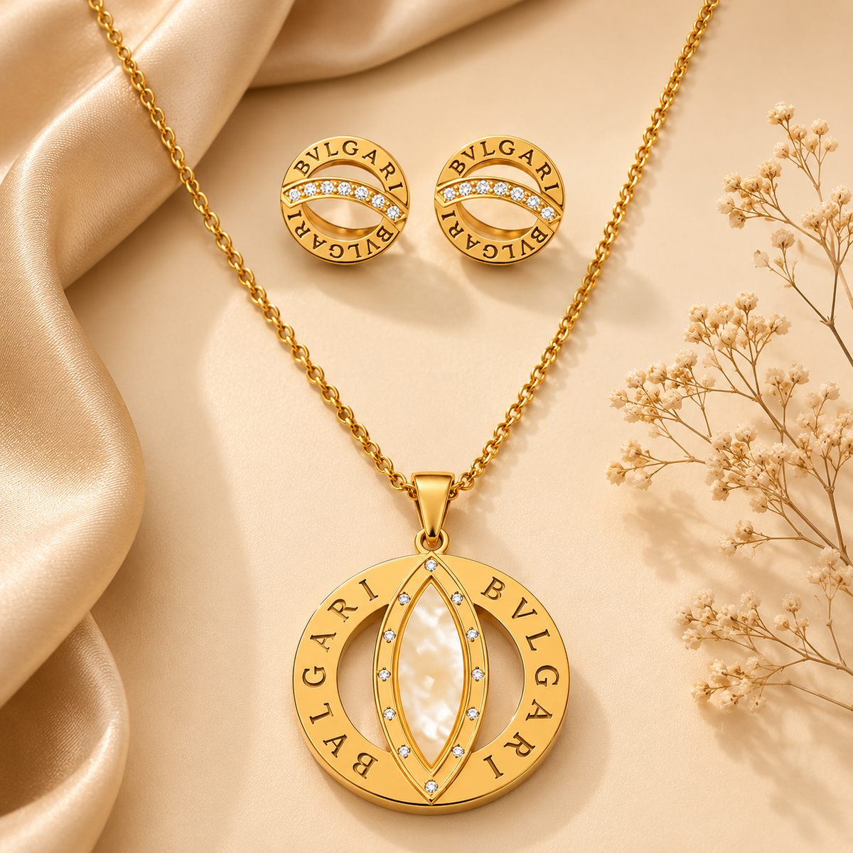 Juego de cadena y aretes dorado de acero quirúrgico (COD.88-165)