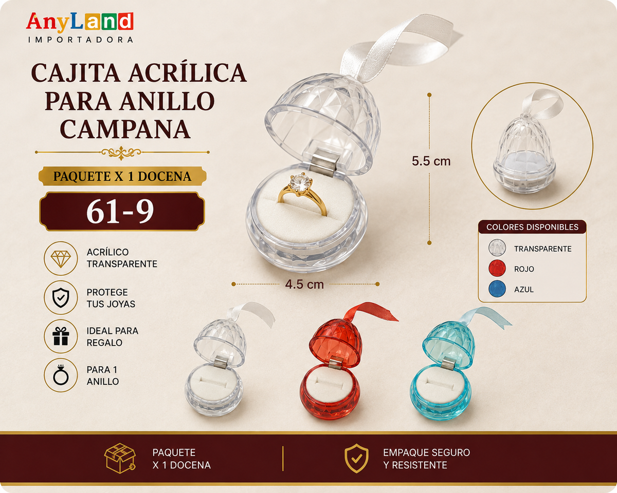 Cajita acrilica para anillo campana paq x12 (61-9)