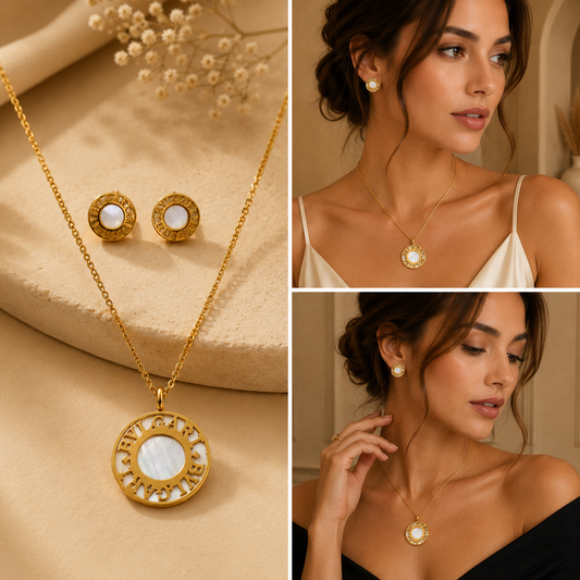 Juego de cadena y aretes dorado de acero quirúrgico (COD.88-150)