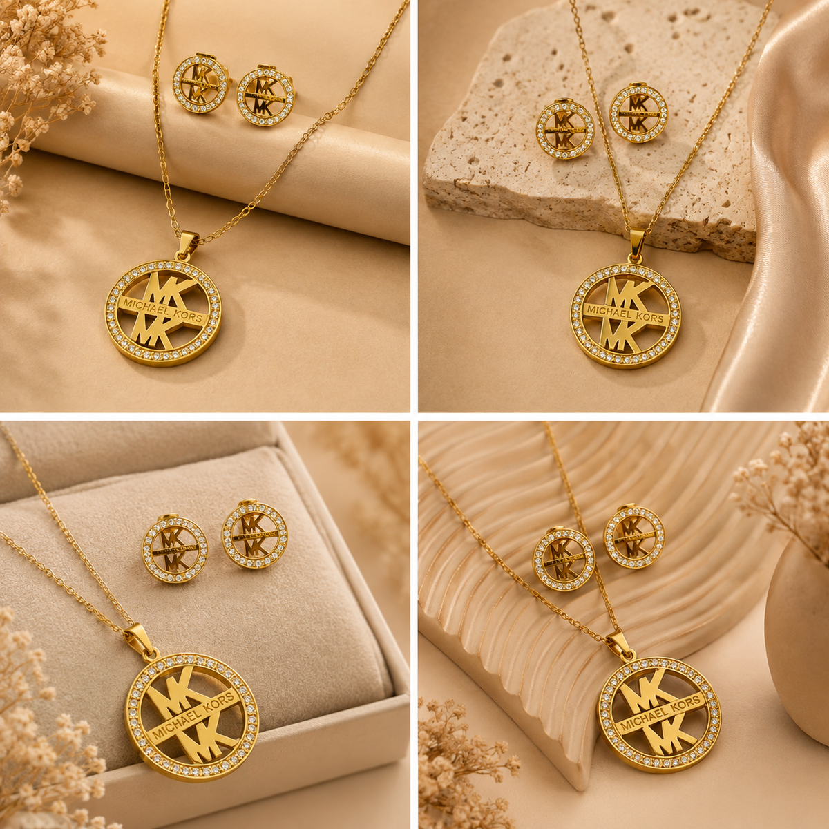 Juego de cadena y aretes dorado de acero quirúrgico (COD.88-106)