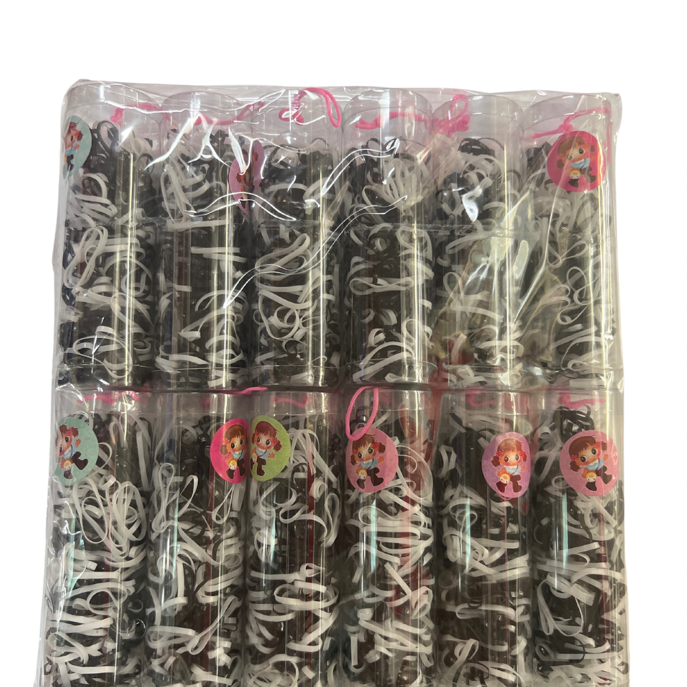 Ligas elasticas plásticas grandes suave negro con blanco en tubo para cabello x12 tubitos (98B-6)
