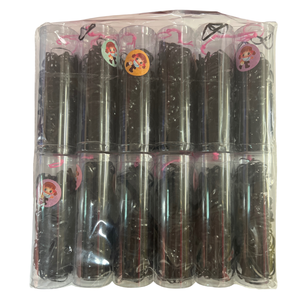 Ligas elasticas plásticas grandes suave negro en tubo para cabello x12 tubitos (98B-5)