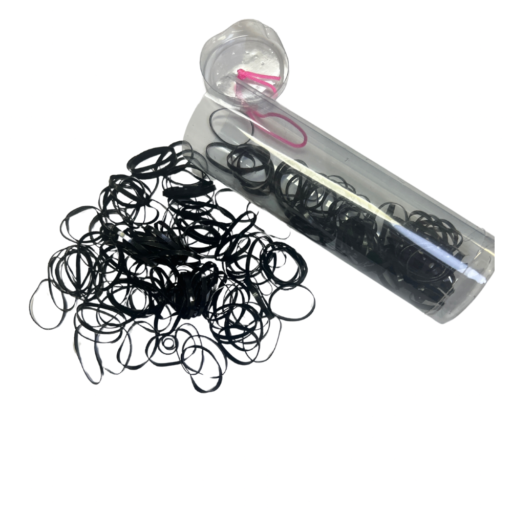 Ligas elasticas plásticas grandes suave negro en tubo para cabello x12 tubitos (98B-5)