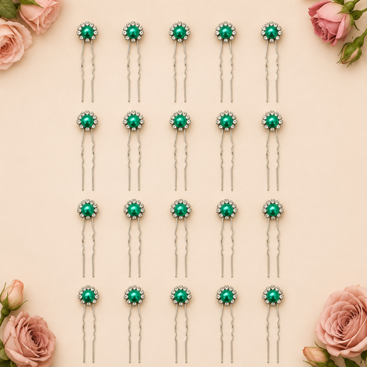Horquillas para el cabello de perlas con diamantes color verde x20 piezas de 7cm (NU-03)