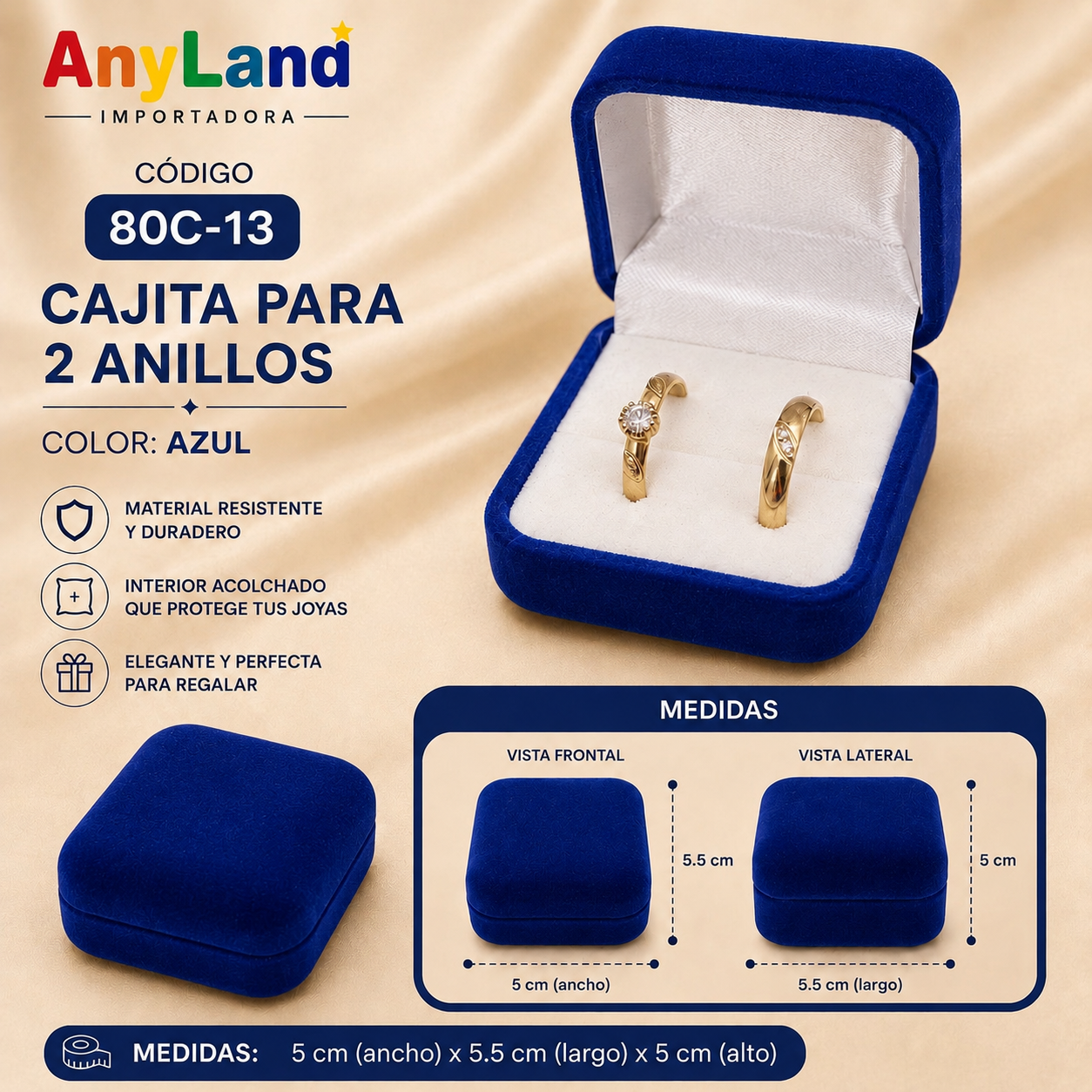 Cajita de terciopelo azul cuadrada x docena para 2 anillos (80C-13)