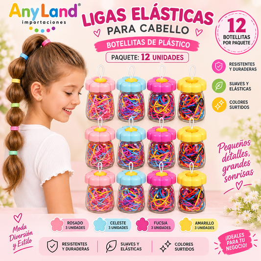 Ligas grandes elasticas plásticas suave en botellita de flor para cabello X 12 botellitas (42A-4)