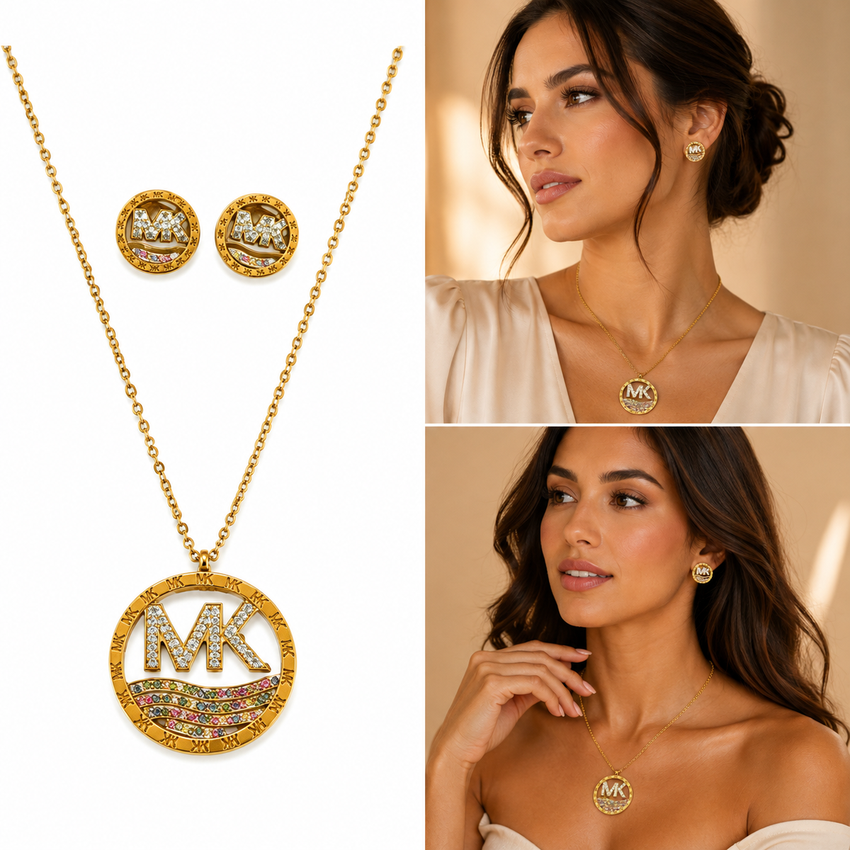 Juego de cadena y aretes dorado de acero quirúrgico (COD.88-157)