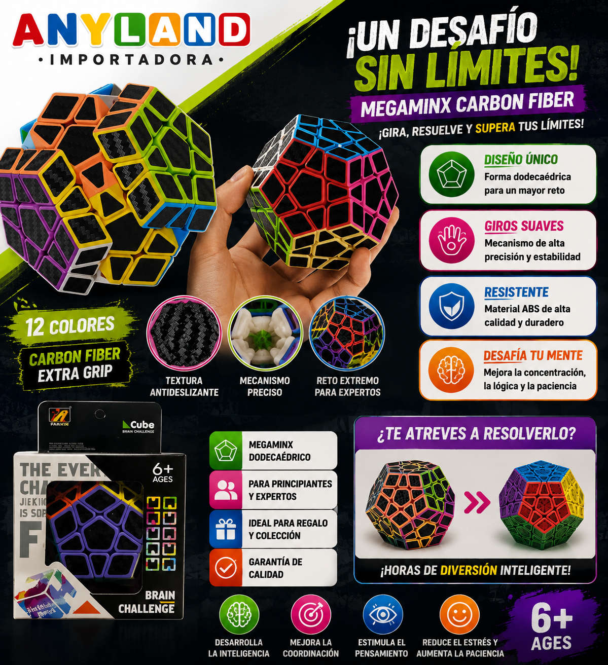 Cubo Rubik 3X3X3 Megaminx Jiehui Fibra de Carbon(71G-70)