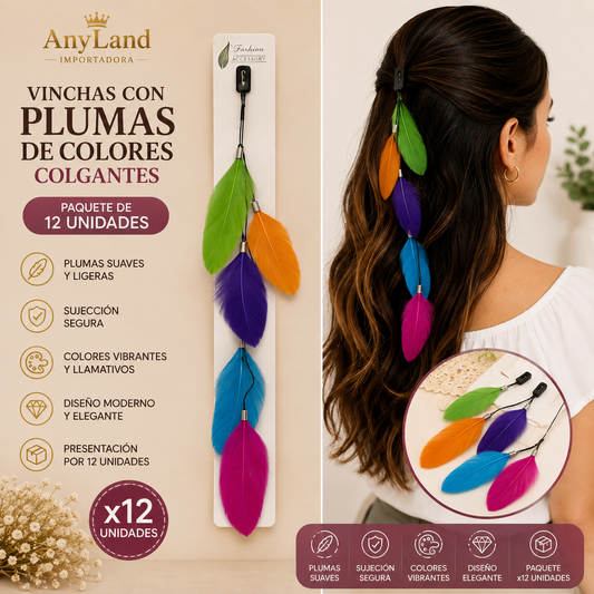 Vinchas con plumas de colores colgantes paquete de 12 unidades (N-1)