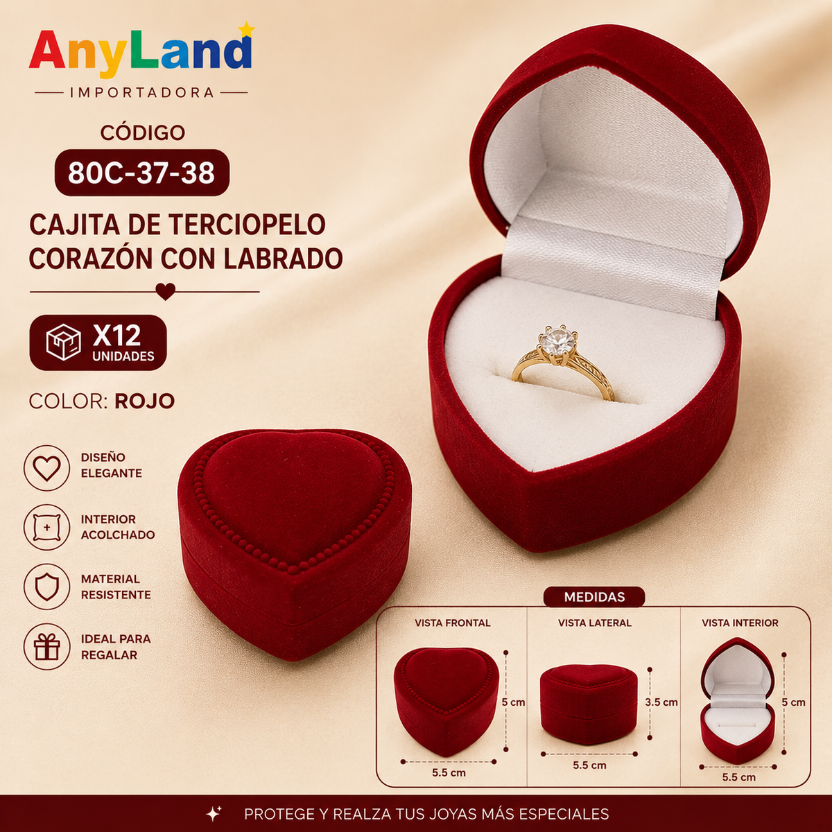Cajita de terciopelo corazón con labrado x12 (80C-37-38)