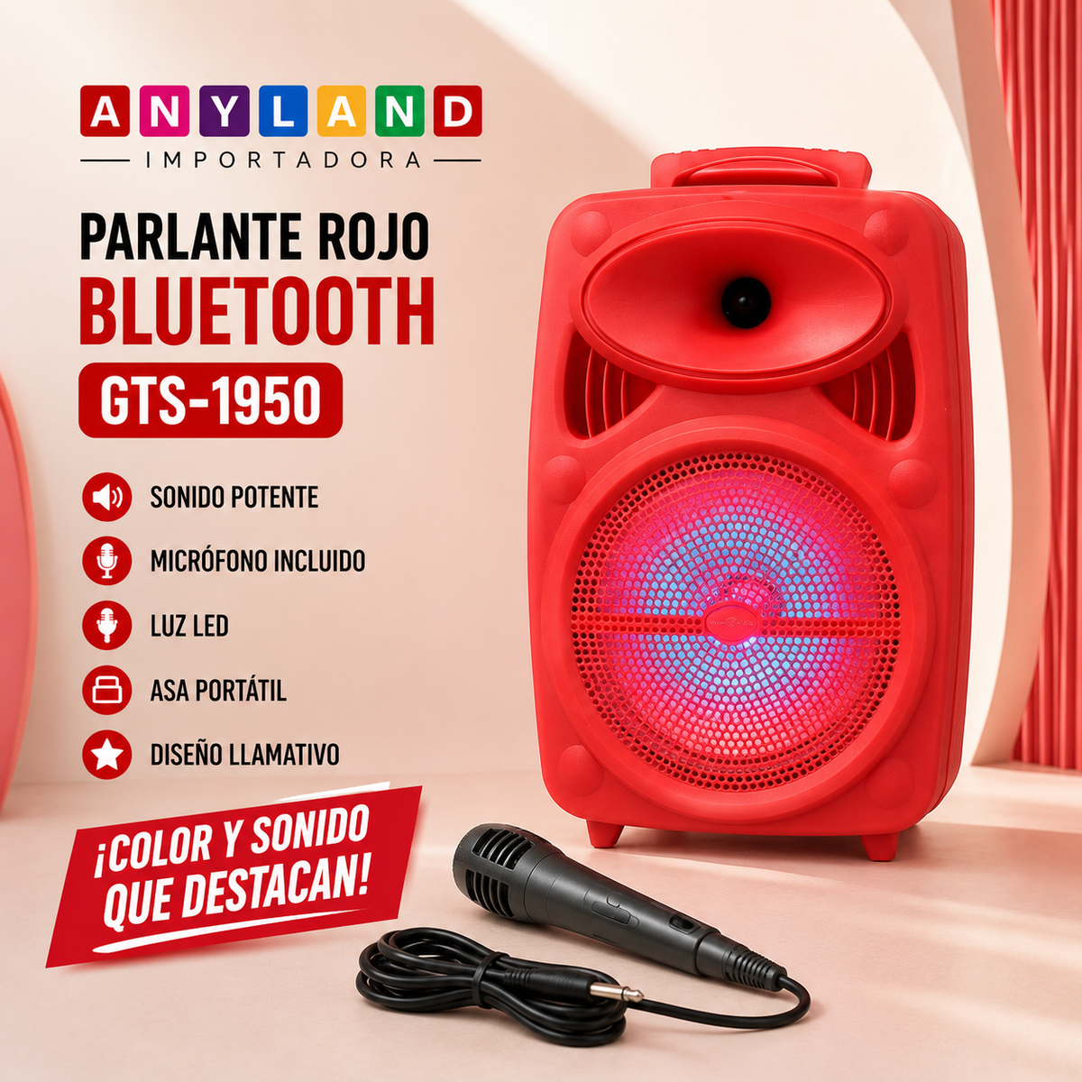 Parlante rojo con bluetooth y micrófono  (GTS-1950)