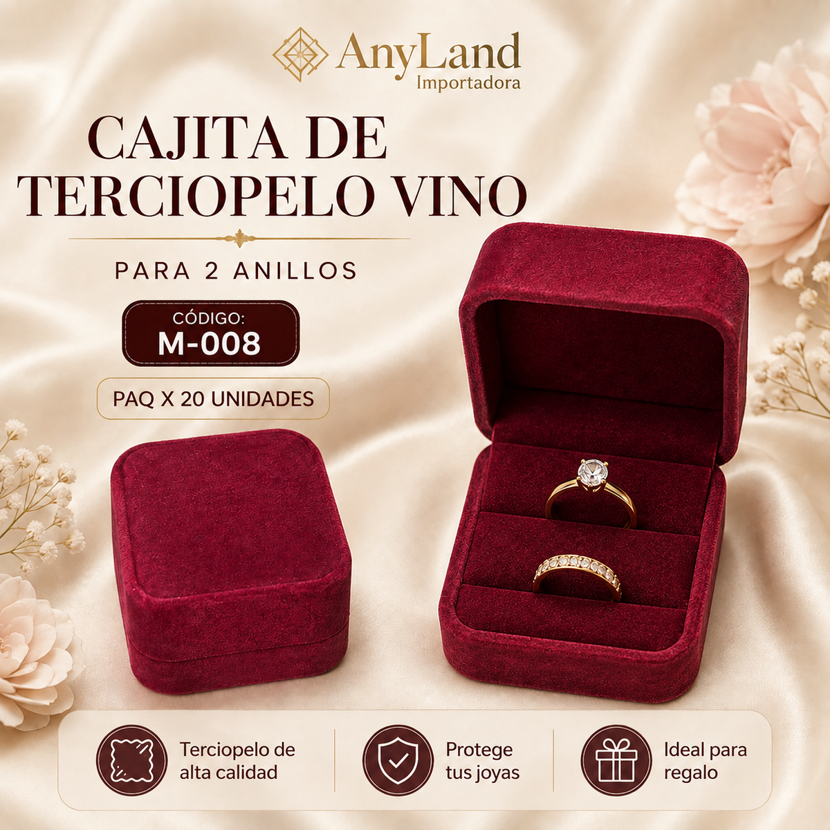 Cajita de terciopelo cuadrada Vino x 20 unid. para 2 ANILLO (M-008)