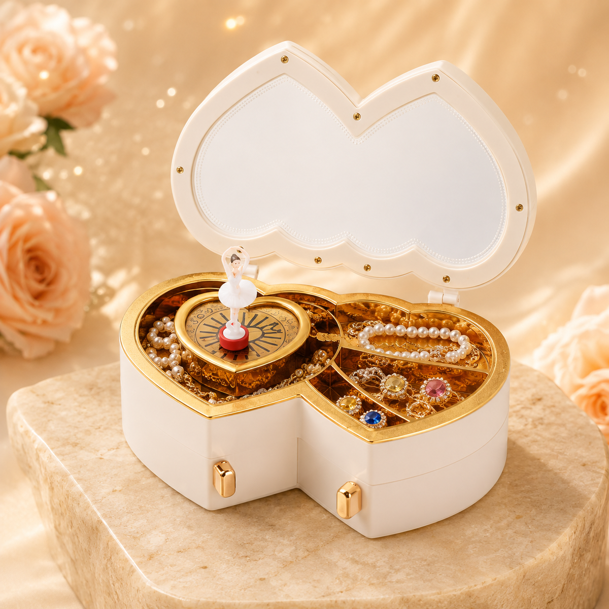 Caja musical beige de doble corazón (BY86)
