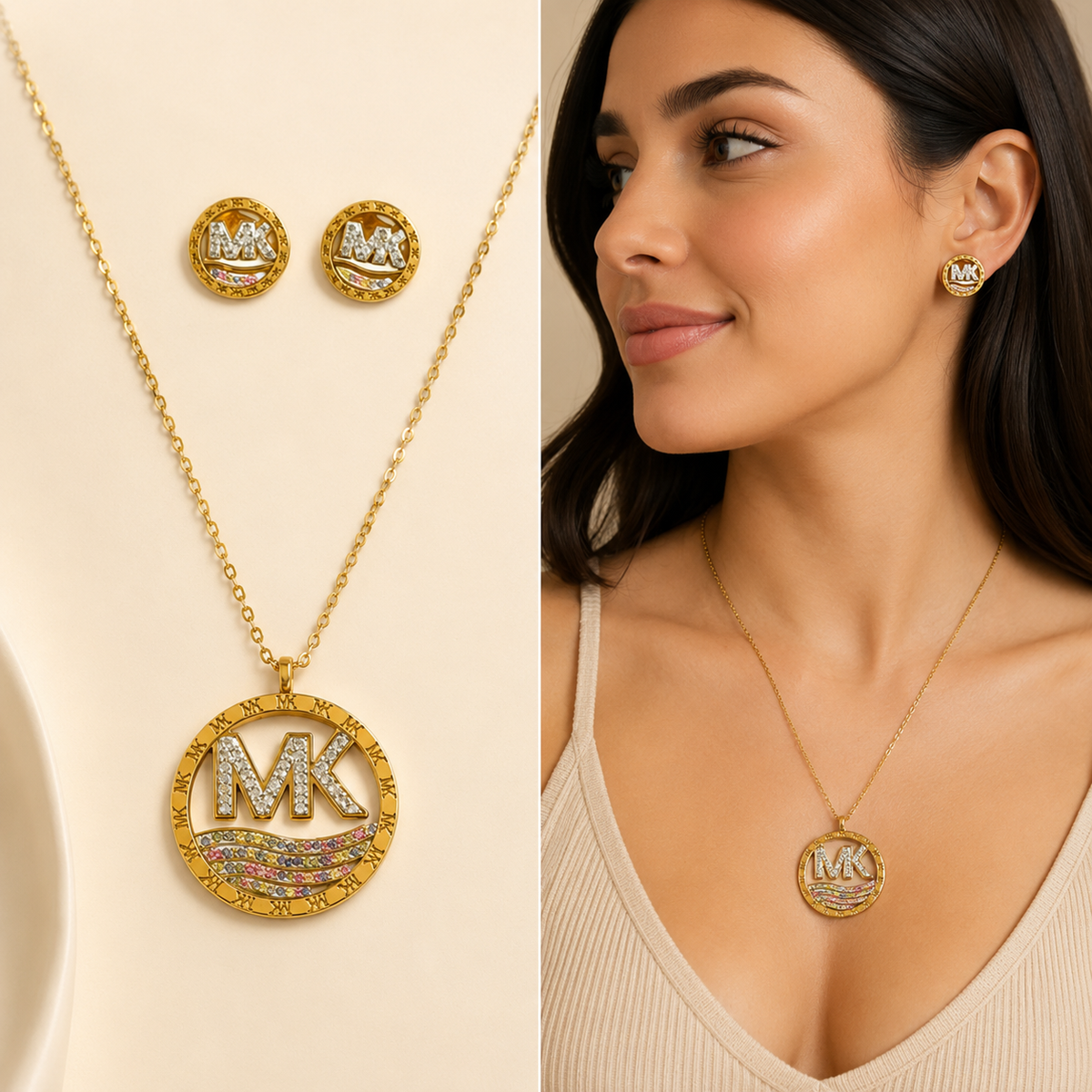 Juego de cadena y aretes dorado de acero quirúrgico (COD.88-157)