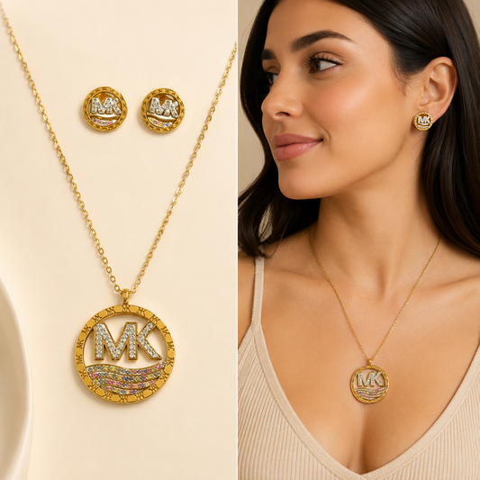 Juego de cadena y aretes dorado de acero quirúrgico (COD.88-157)