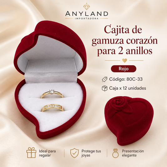 Cajita de gamuza corazón para 2 anillos x12 Rojo (80C-33)