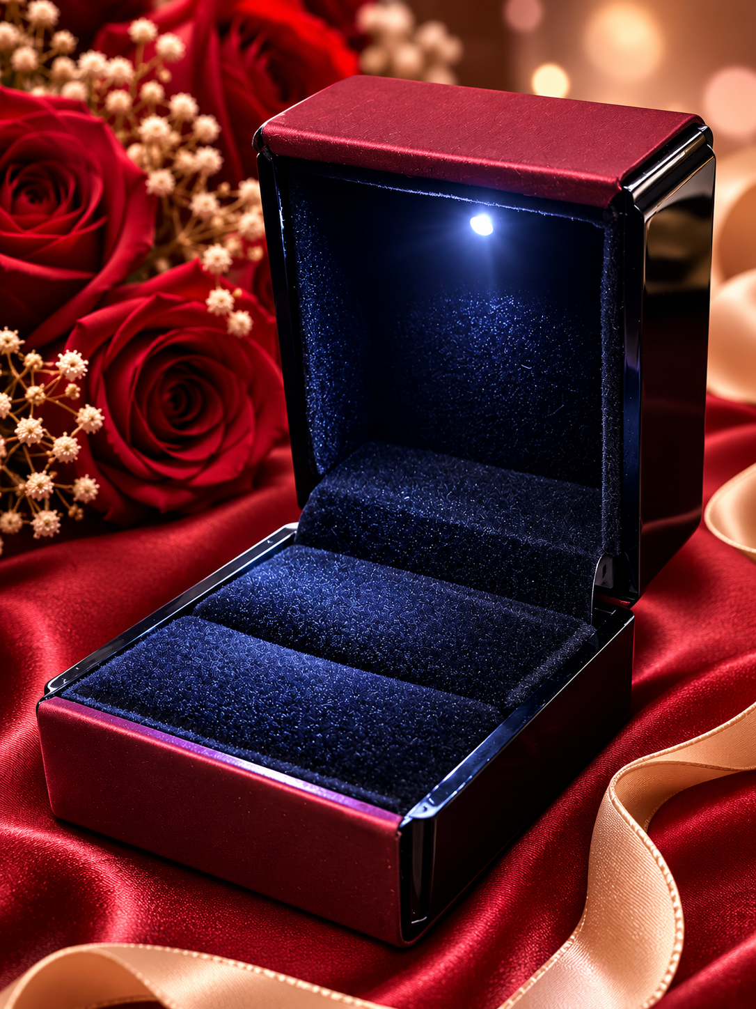 Caja para 1 anillo c/luz led color vino x12u. (89-5)