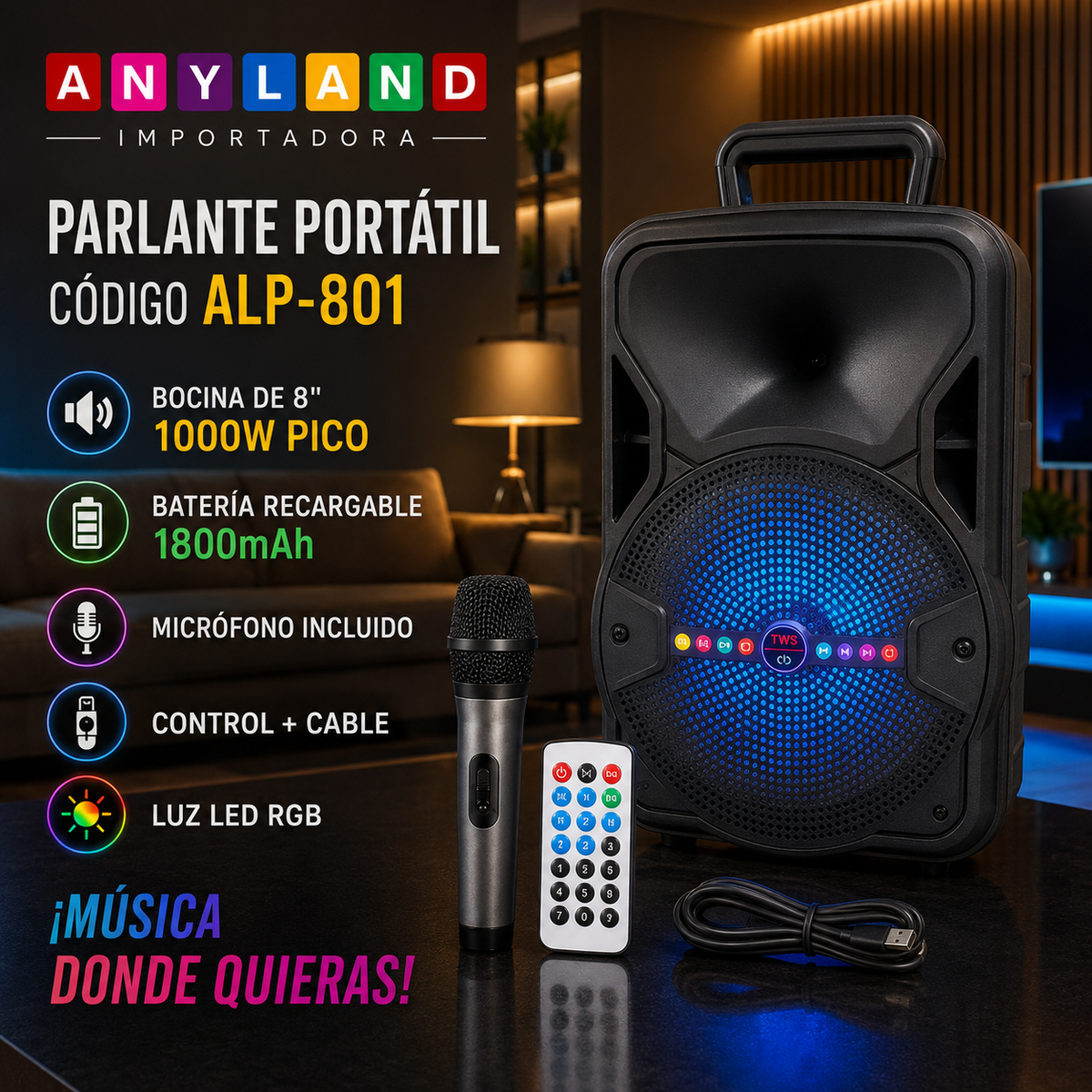 Parlante AO 1000W con micrófono (801)