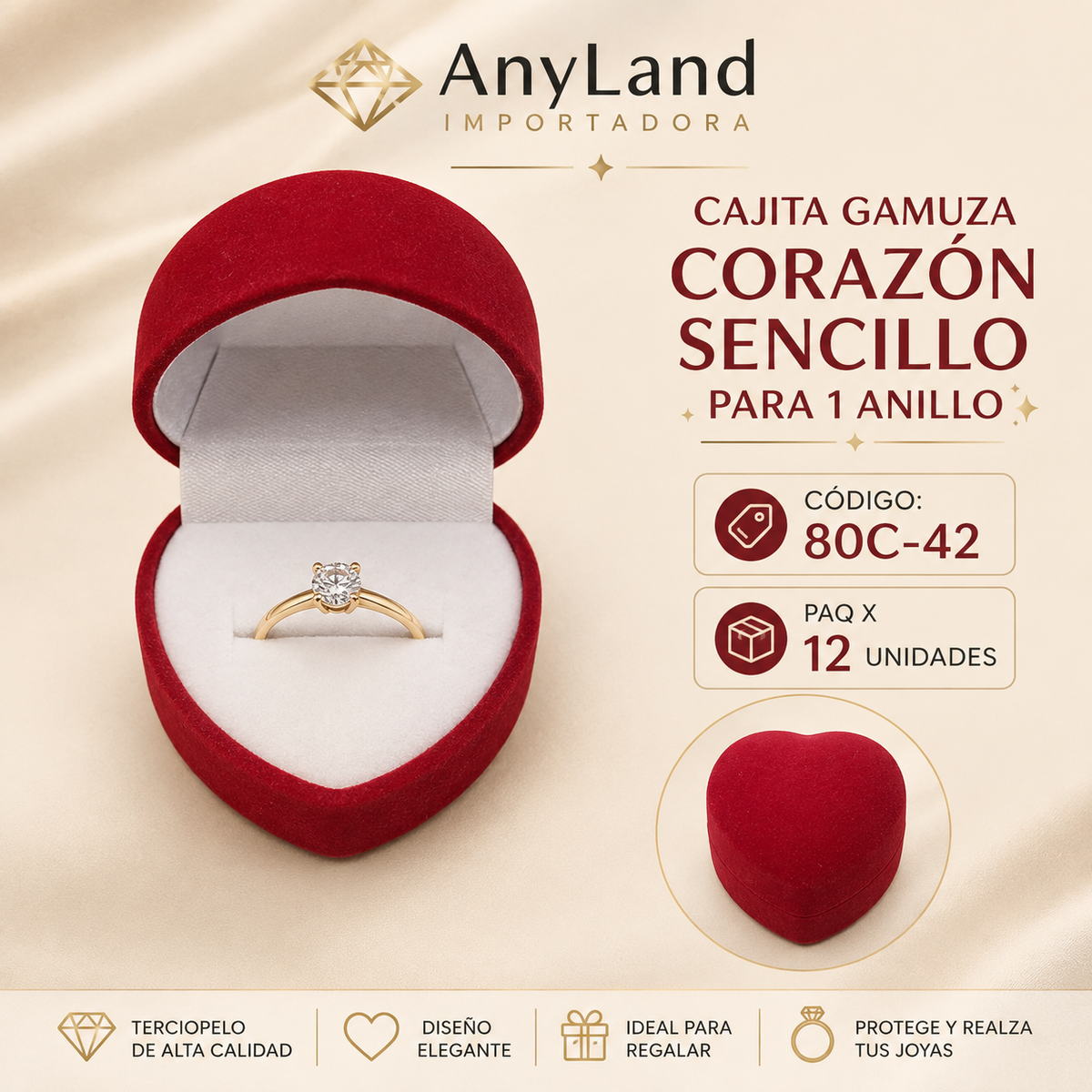 Cajita gamuza corazón sencillo 1 anillo x12 (80C-43-42)