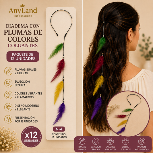 Diadema con plumas de colores colgantes paquete de 12 unidades (N-4)