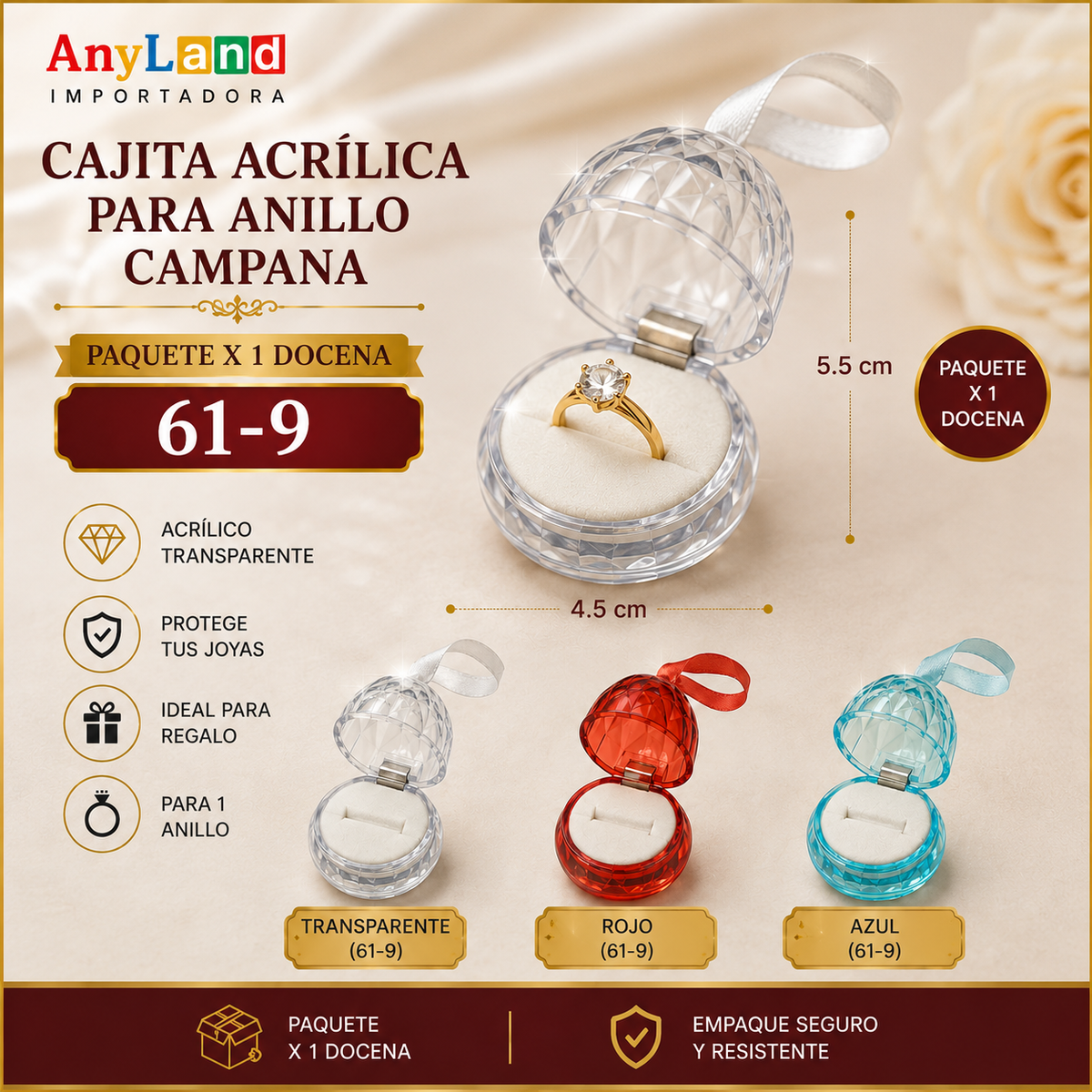 Cajita acrilica para anillo campana paq x12 (61-9)