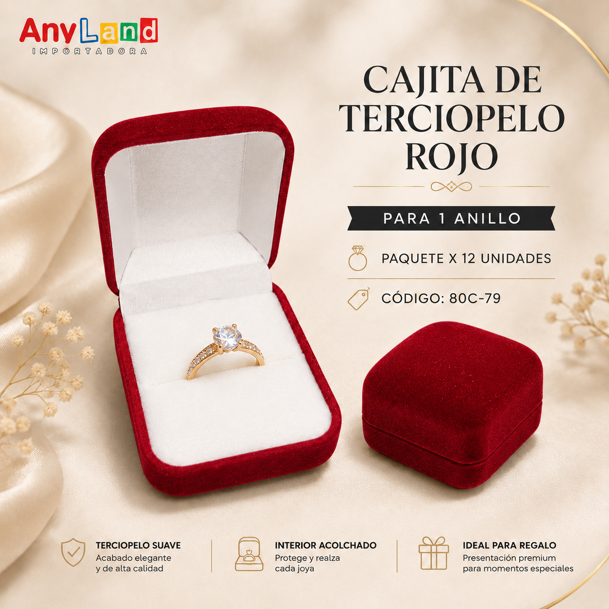 Cajita de terciopelo cuadrada x 12 para 1 anillo (80C-79)