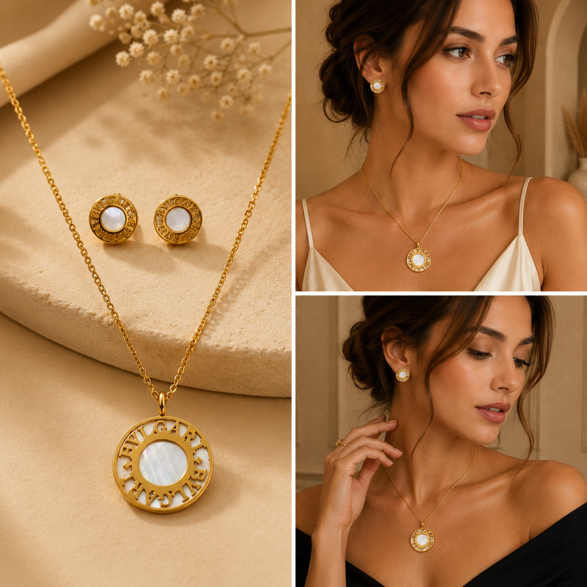 Juego de cadena y aretes dorado de acero quirúrgico (COD.88-150)