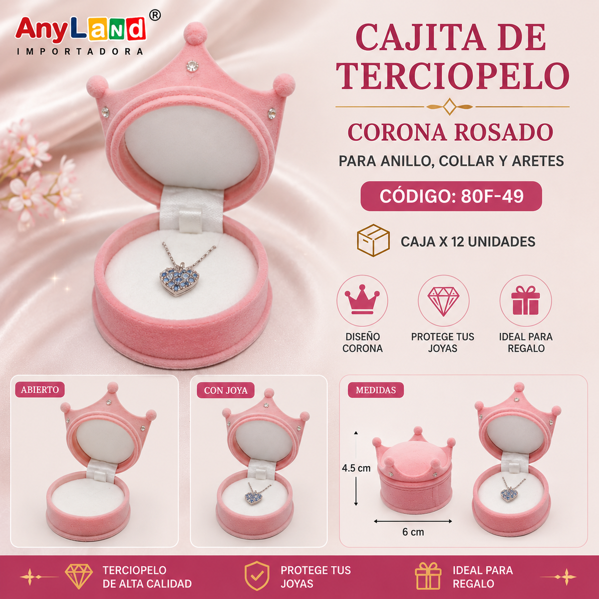 Cajita de terciopelo corona rosado para anillo,collar y aretes X 12 Unid.(80F-49)