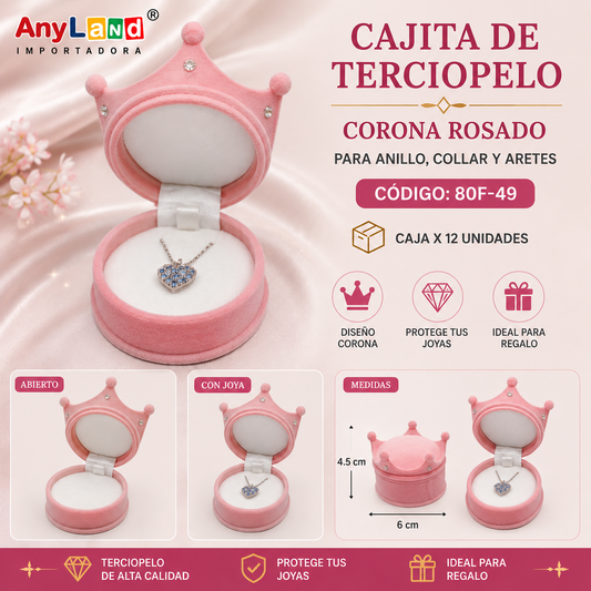 Cajita de terciopelo corona rosado para anillo,collar y aretes X 12 Unid.(80F-49)