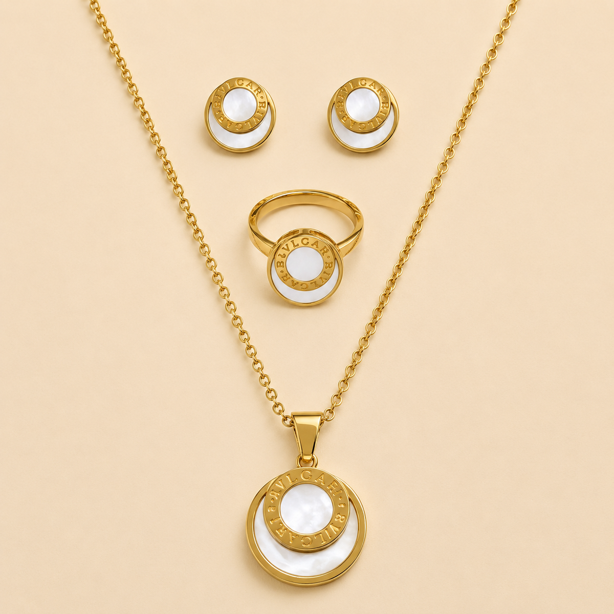 Juego de cadena, aretes y anillo dorado de acero quirúrgico (COD.88-120)