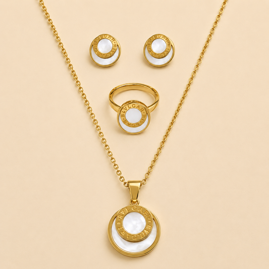 Juego de cadena, aretes y anillo dorado de acero quirúrgico (COD.88-120)