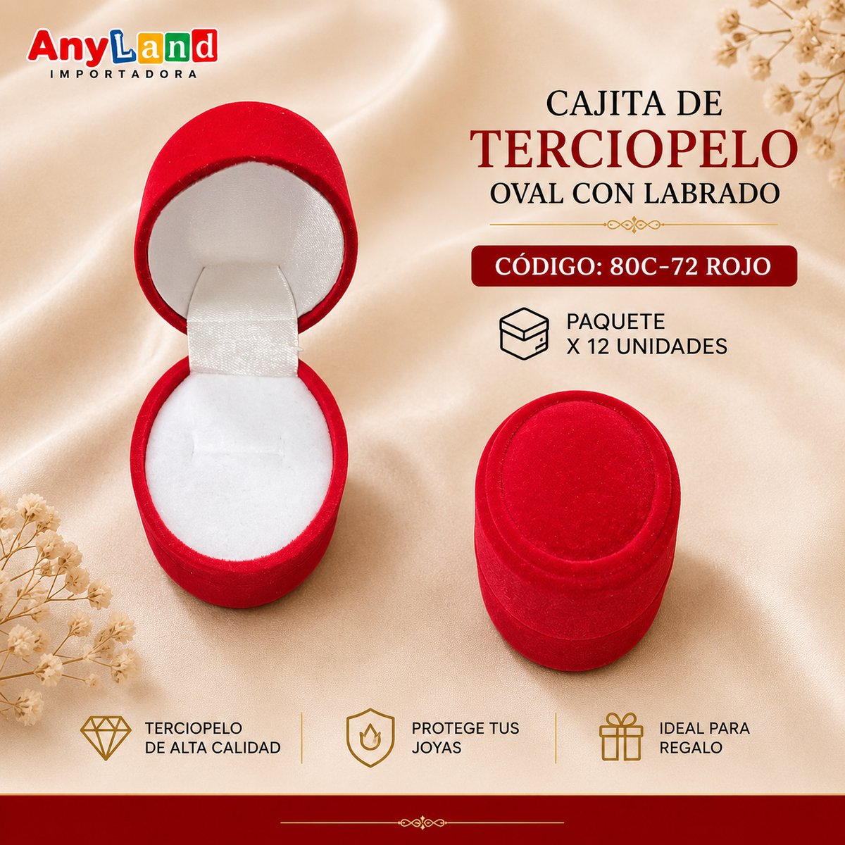 Cajita de terciopelo Rojo oval con labrado x12 (80C-72)