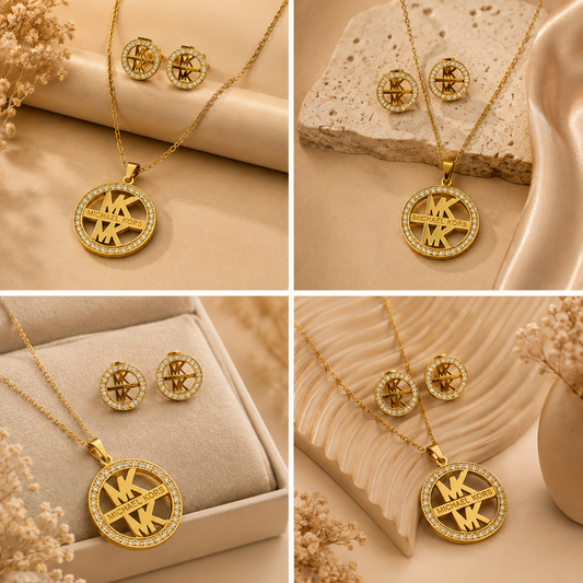 Juego de cadena y aretes dorado de acero quirúrgico (COD.88-106)