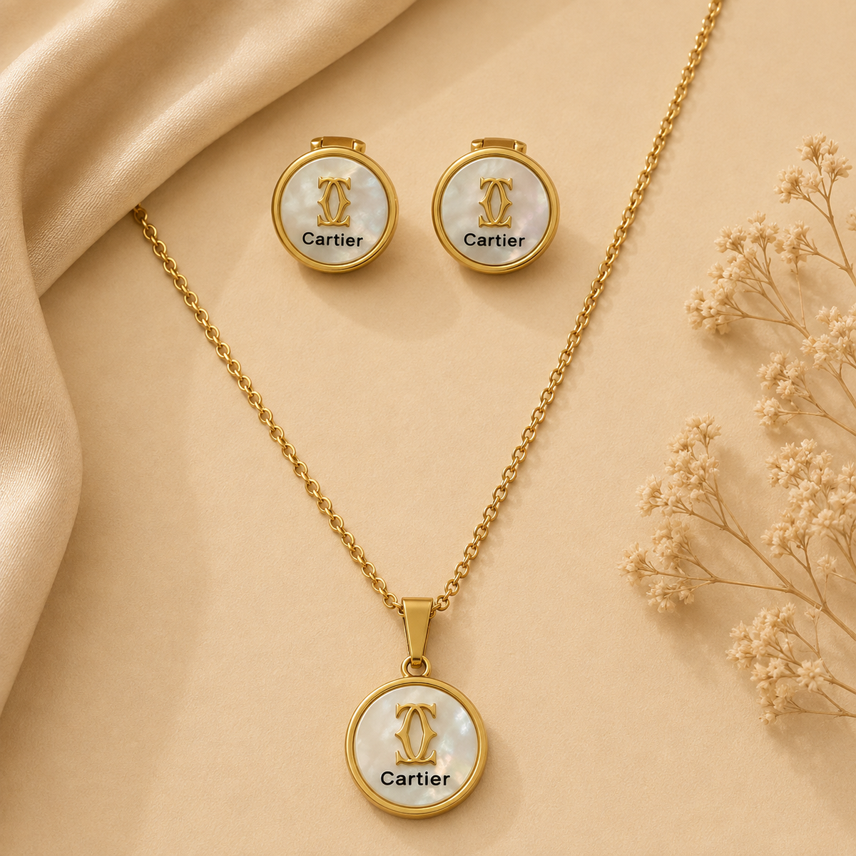 Juego de cadena y aretes dorado de acero quirúrgico (COD.88-143)