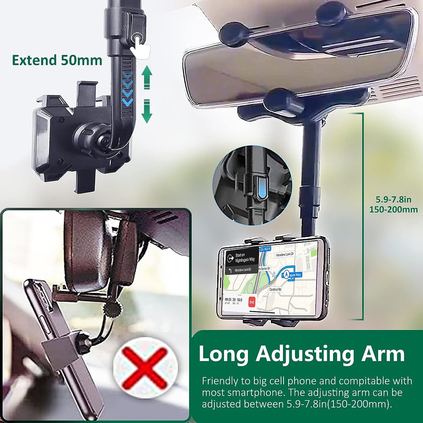 Soporte de celular para el carro retrovisor brazo ajustable