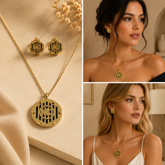 Juego de cadena y aretes dorado de acero quirúrgico (COD.88-170)
