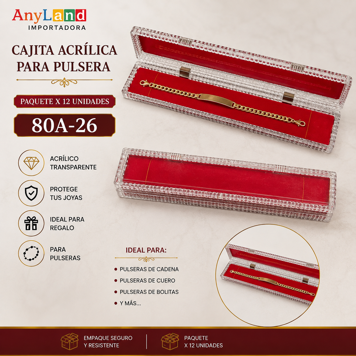 Cajita acrílica para pulsera paquete x12 (80A-26)