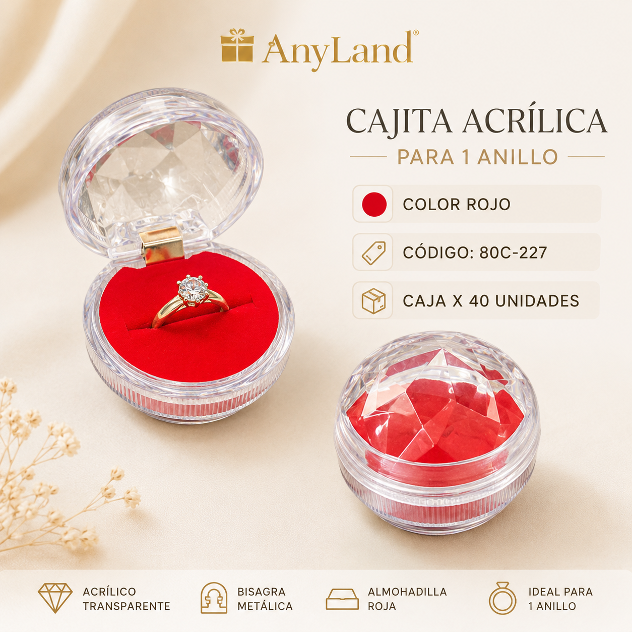 Cajita acrílica para anillo caja x40 unds (80C-227-228-229)