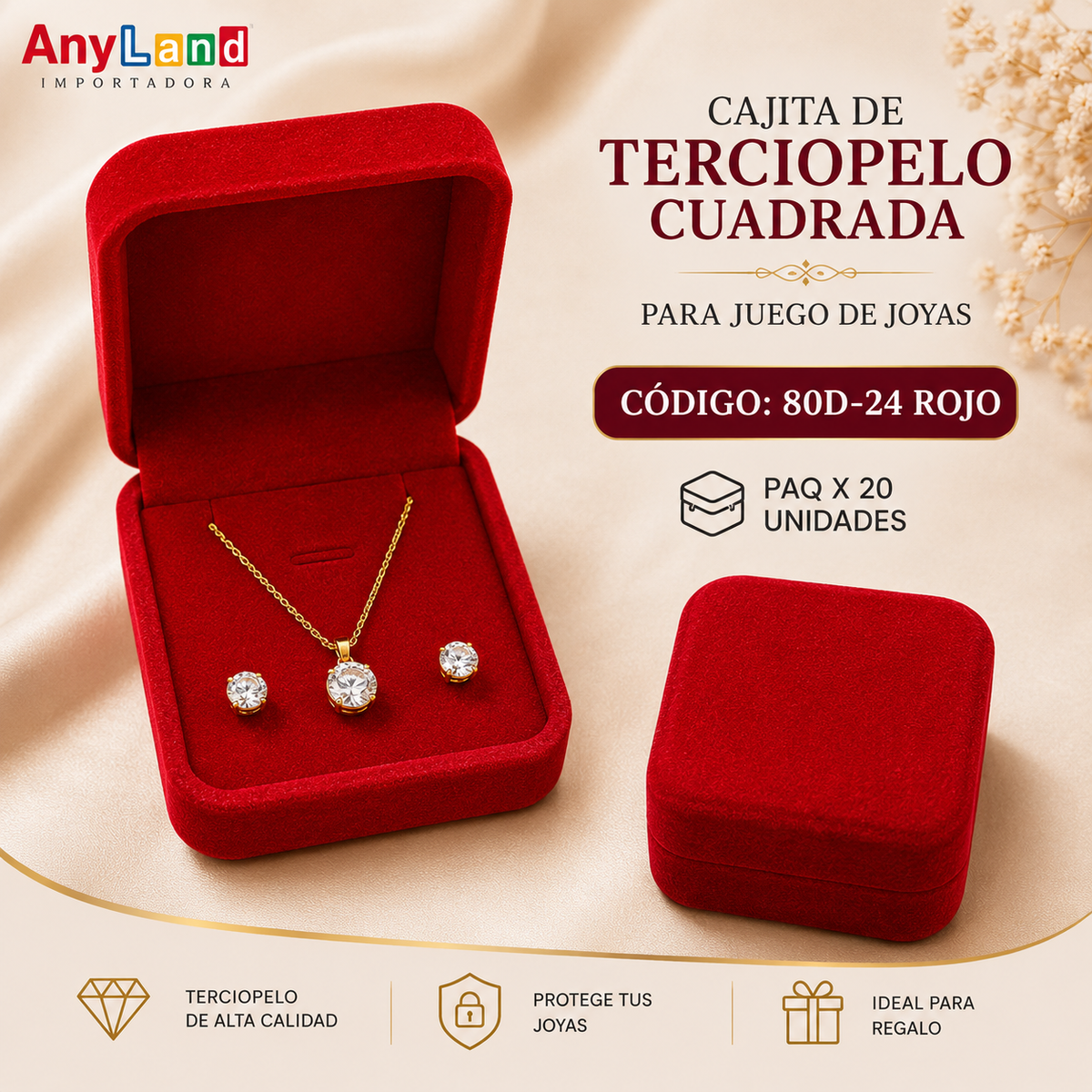 Cajita de terciopelo cuadrada paq x 20 unid. para juego (80D-24/80E-22ROS/80E-22VIN)e