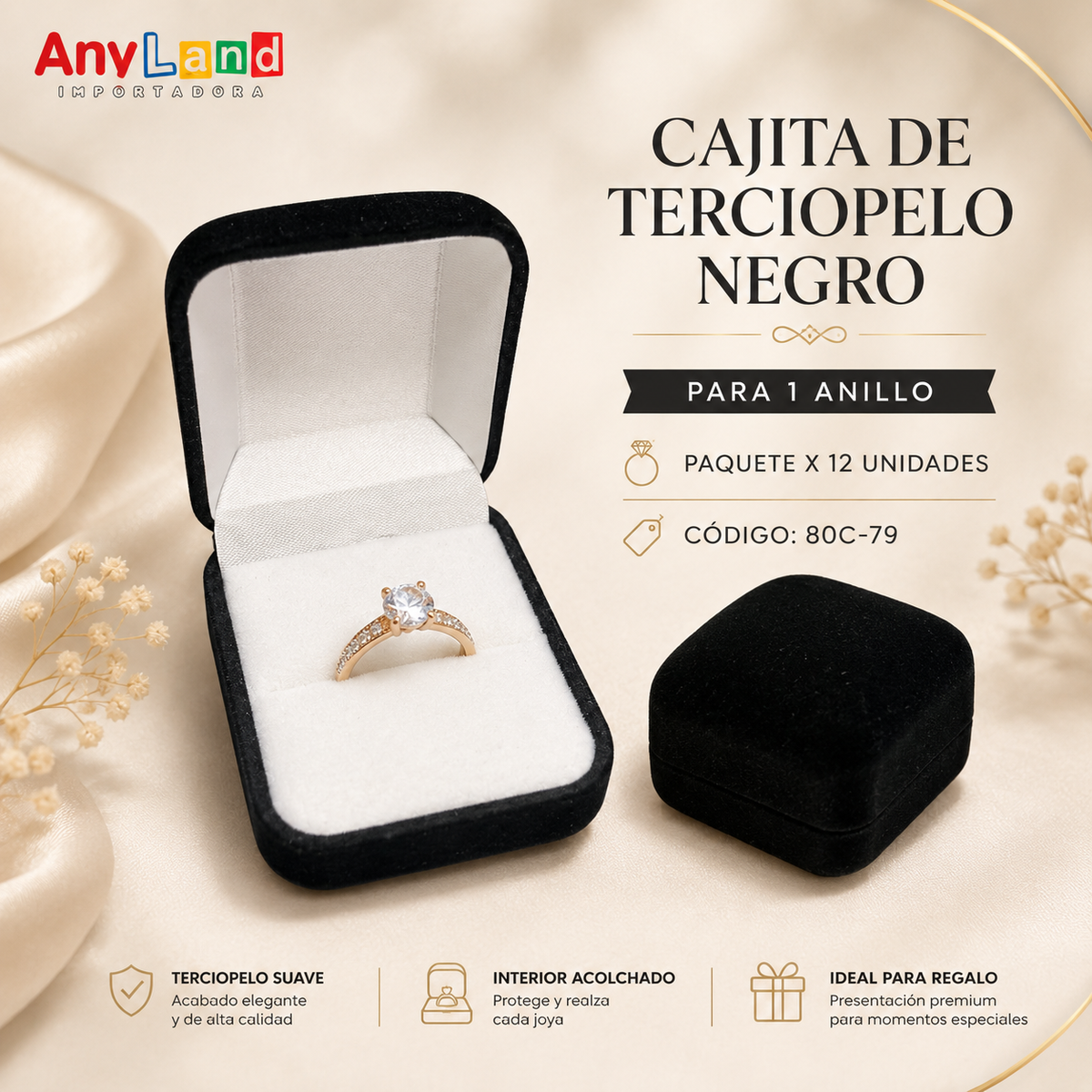 Cajita de terciopelo cuadrada x 12 para 1 anillo (80C-79)