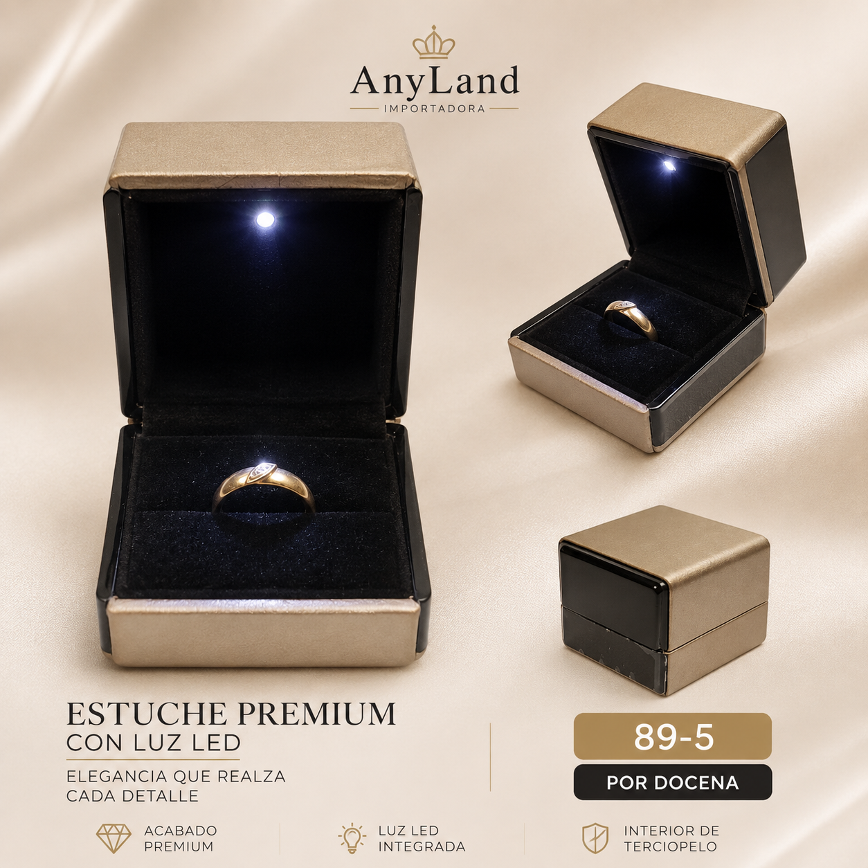 Caja para 1 anillo c/luz led color vino x12u. (89-5)