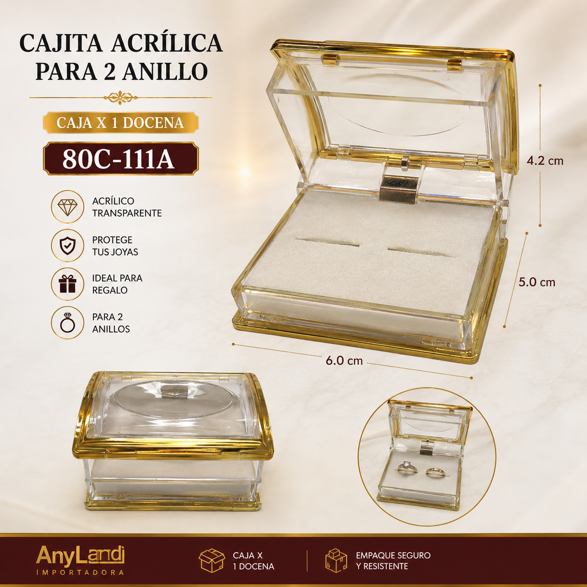 Cajita acrilica para 2 anillo paq x12 (80C-111A)