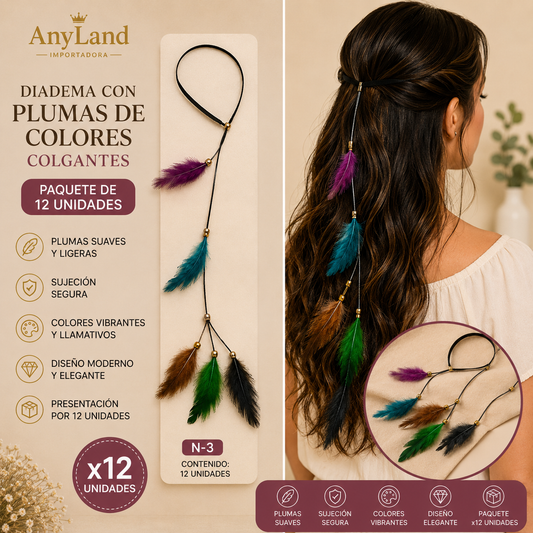 Diadema con plumas de colores colgantes paquete de 12 unidades (N-3)