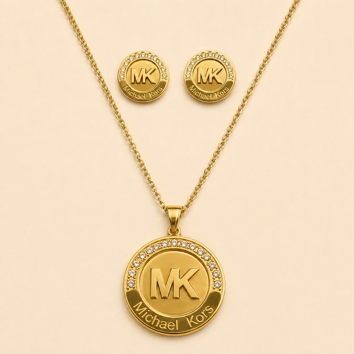 Juego de cadena y aretes dorado de acero quirúrgico (COD.88-132)