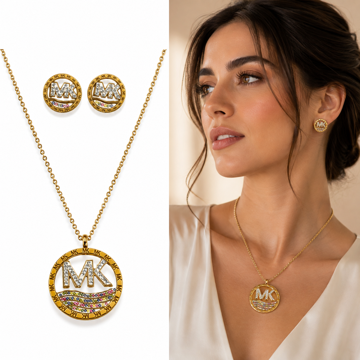 Juego de cadena y aretes dorado de acero quirúrgico (COD.88-157)
