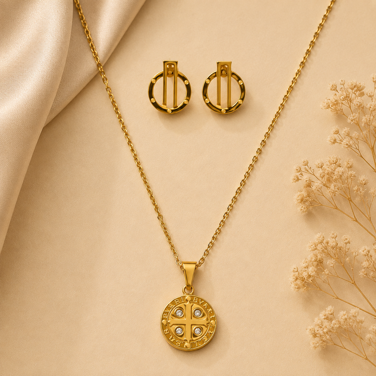 Juego de cadena y aretes dorado de acero quirúrgico (COD.88-113)