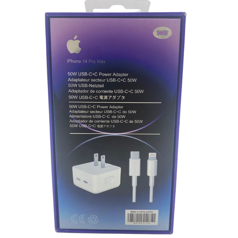 Cargador Carga Rápida 50 Watts Para iPhone 14 Doble Usb-c.