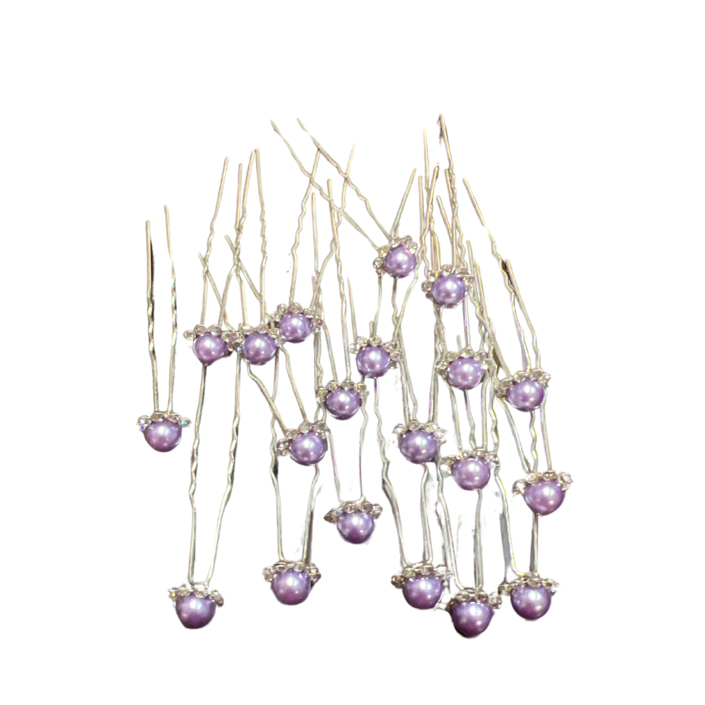 Horquillas para el cabello de perlas con diamantes color lila x20 piezas de 7cm (NU-03)