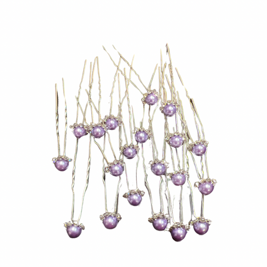 Horquillas para el cabello de perlas con diamantes color lila x20 piezas de 7cm (NU-03)