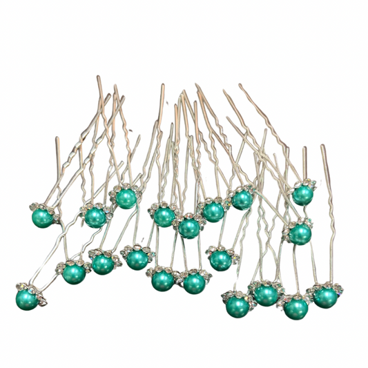 Horquillas para el cabello de perlas con diamantes color verde x20 piezas de 7cm (NU-03)